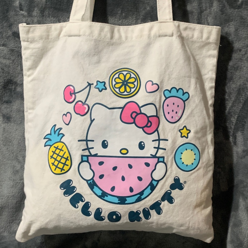 Hello Kitty Sanrio Tote Bag Watermelon Fruit White Canvas Graphic Flaw